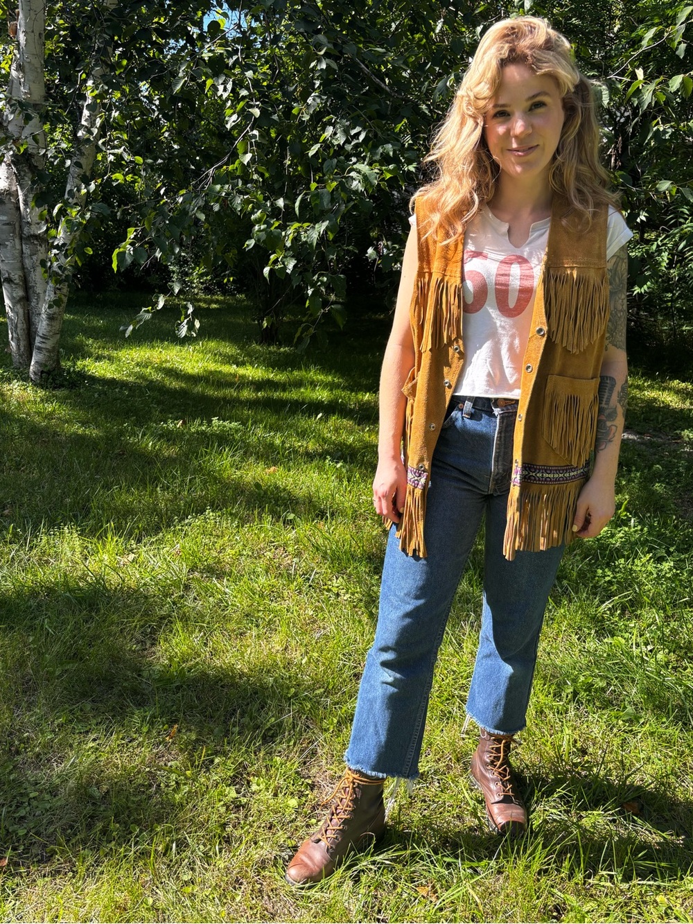 '70s Suede Leather Fringe Western Vest with Southwestern Trim